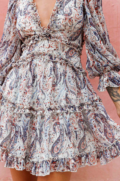 Laney Cutout Back Ruffle Trim Dress Paisley Print Navy
