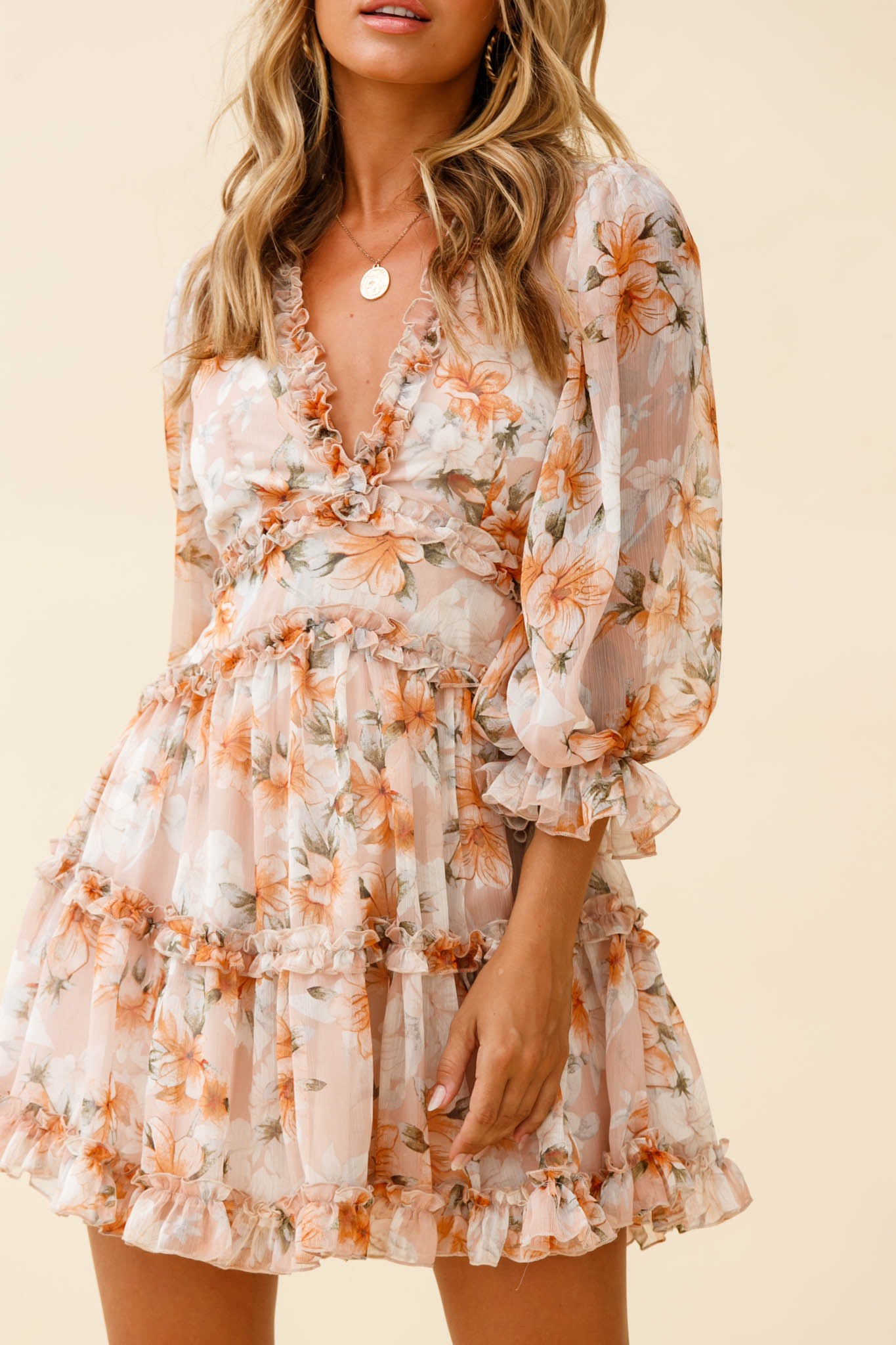 Laney Cutout Back Frill Trim Dress Hibiscus Print Nude