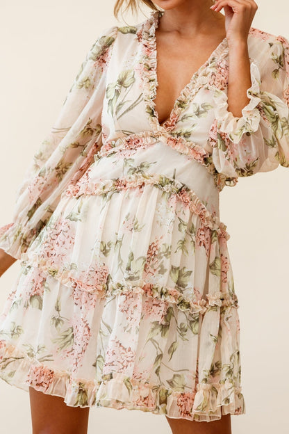 Laney Cutout Back Ruffle Trim Dress Hydrangea Print Nude