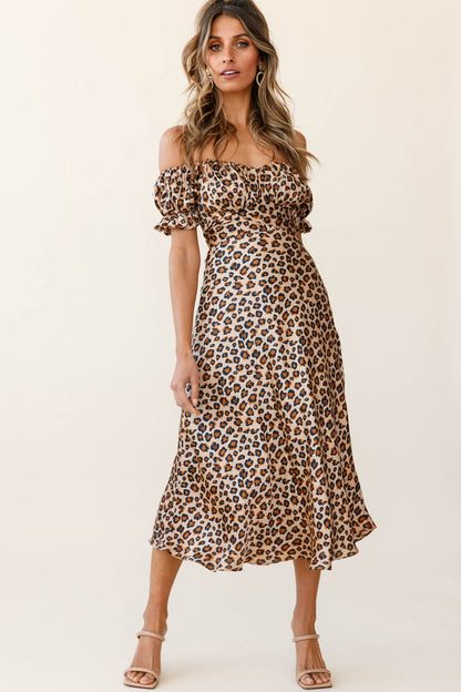 Linka Off-Shoulder Tie Back Midi Dress Leopard Print Brown