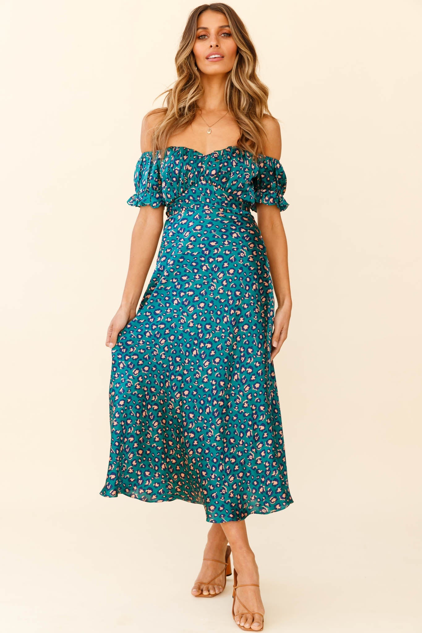 Linka Off-Shoulder Tie Back Midi Dress Leopard Print Green