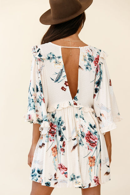 Lynette Loose Fit Angel Sleeve Dress Botanic Print Nude
