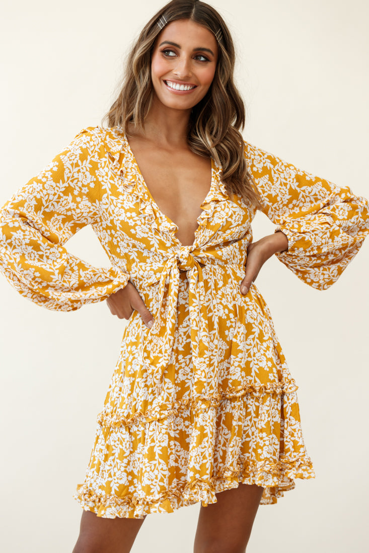 Sunny Daze Long Sleeve Tie-Knot Bust Dress Floral Print Mustard
