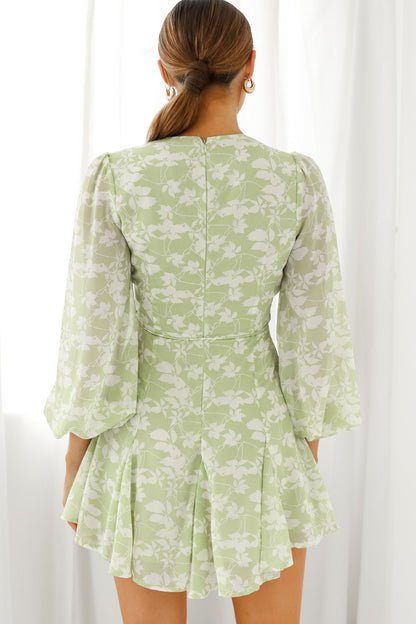 Estelle Long Sleeve V-Neckline Dress Leaf Print Olive