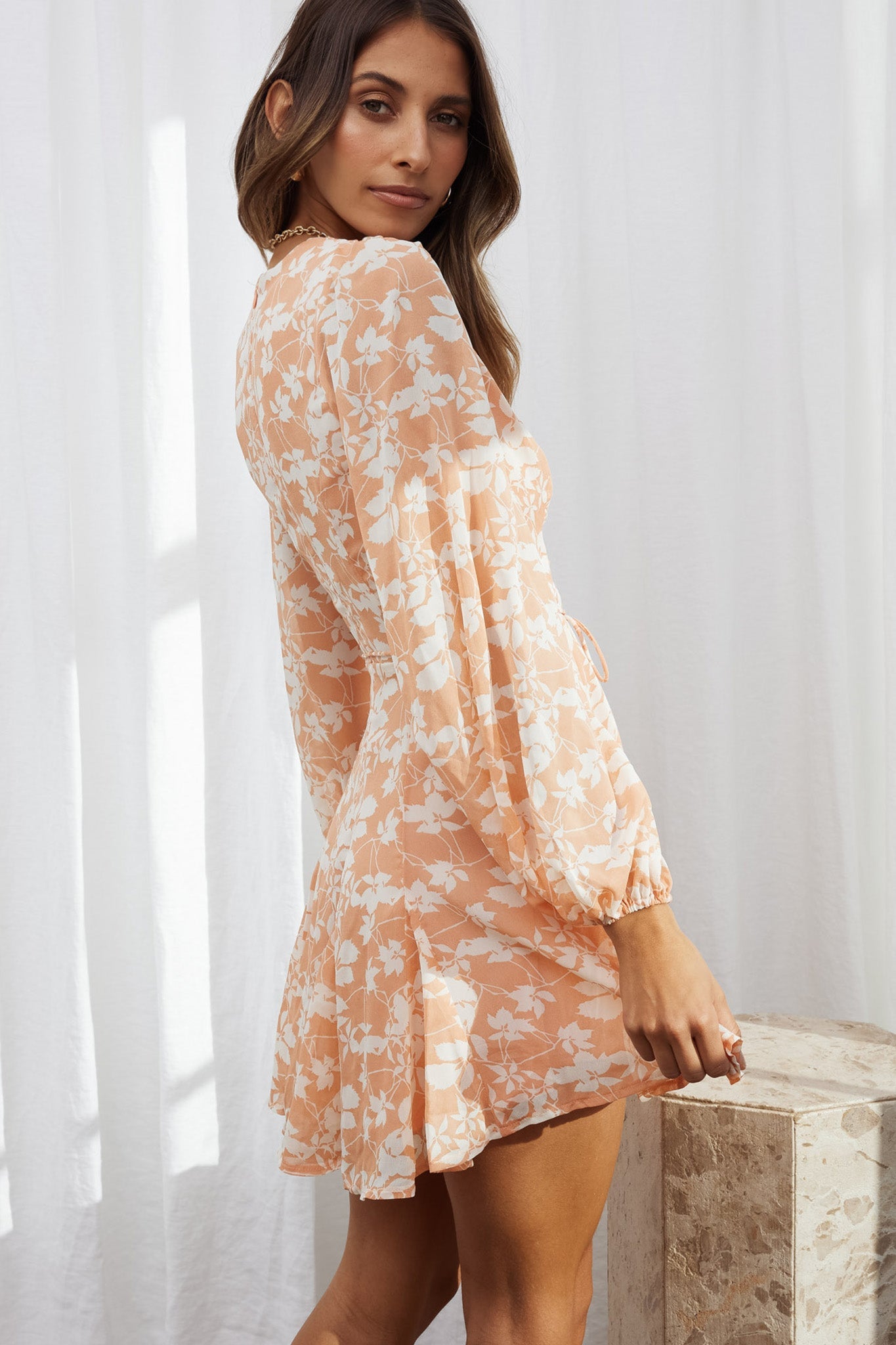 Estelle Long Sleeve V-Neckline Dress Leaf Print Rose