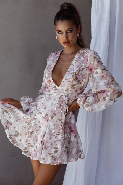 Estelle Long Sleeve V-Neckline Dress Watercolor Floral Print Rose