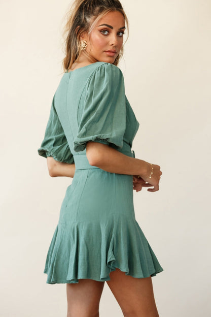 Jardin Half Balloon Sleeve Belted Dress Sage
