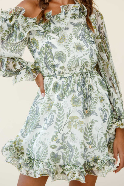 Rhiannon Off-Shoulder Lettuce Frill Dress Floral Print White
