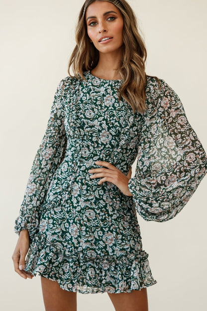 Mirabelle Long Balloon Sleeve Ruffle Hem Dress Floral Print Olive