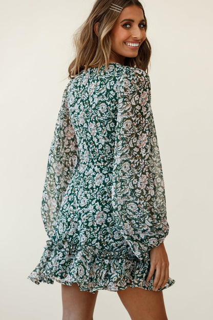Mirabelle Long Balloon Sleeve Ruffle Hem Dress Floral Print Olive