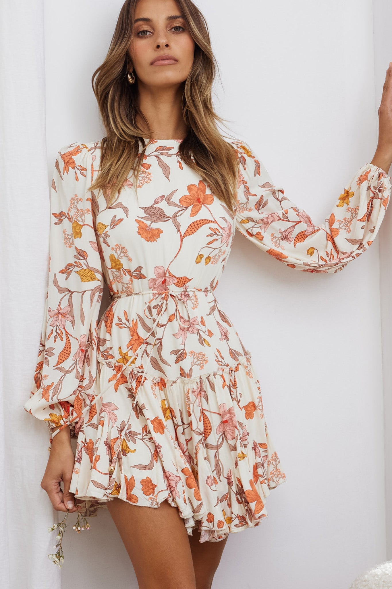 Rosabel Balloon Sleeve Fluted Hem Dress Vintage Floral Print Beige