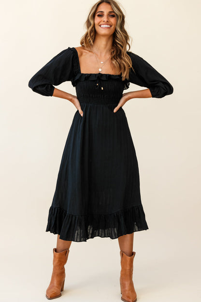 Flynn Off-Shoulder Shirred Bust Midi Dress Black