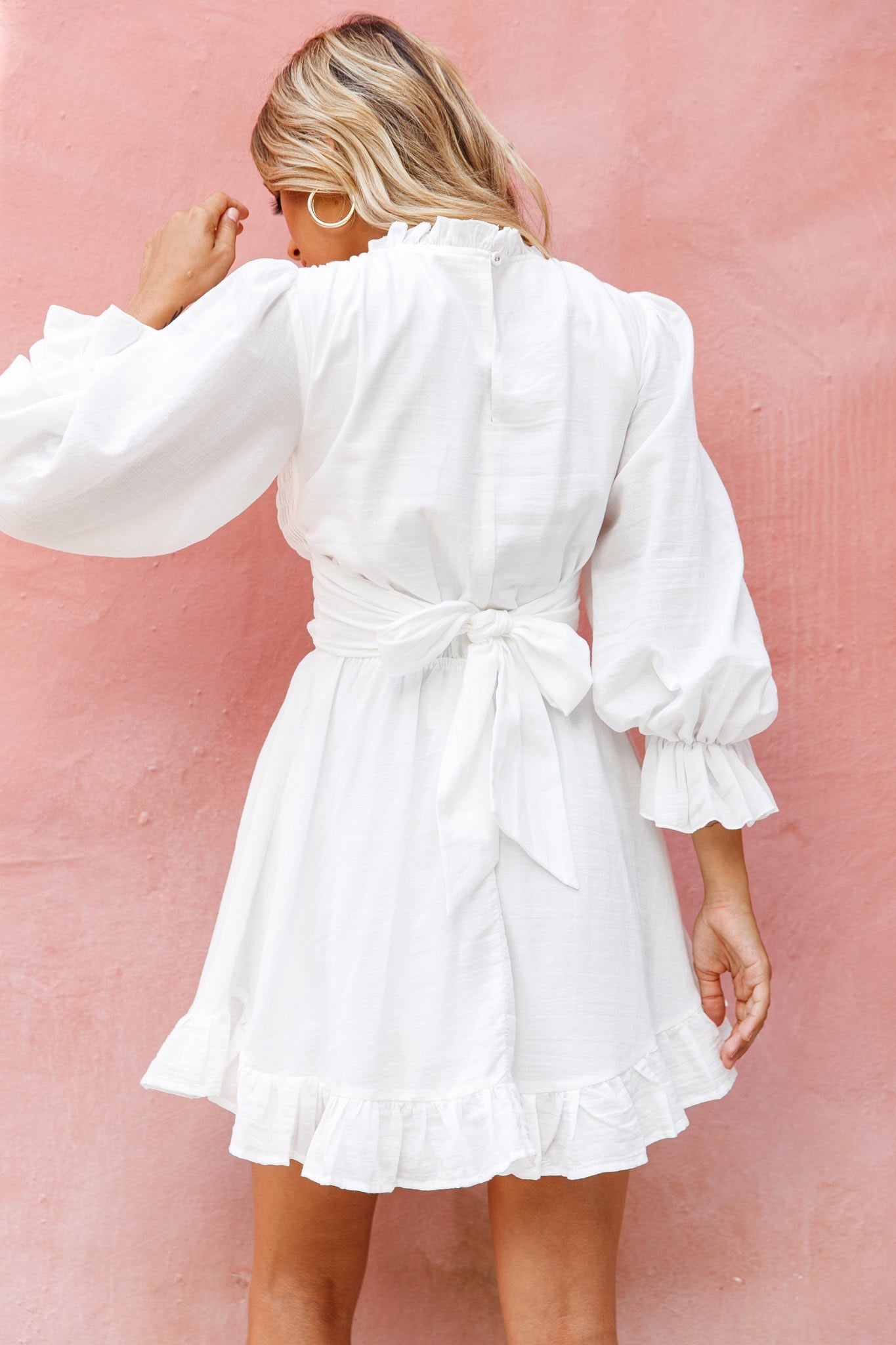 Marianna Long Sleeve Shirred Bust Dress White