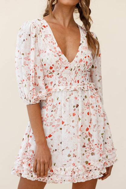 Born Free Shirring Detail Frill Trim Dress Pink Multi