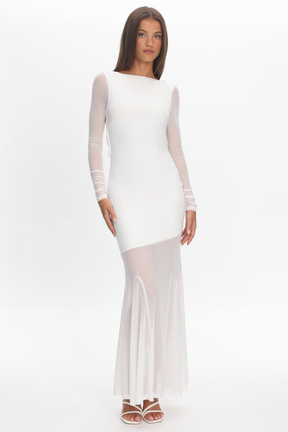 Lustre Long Sleeve Open Back Maxi Dress White