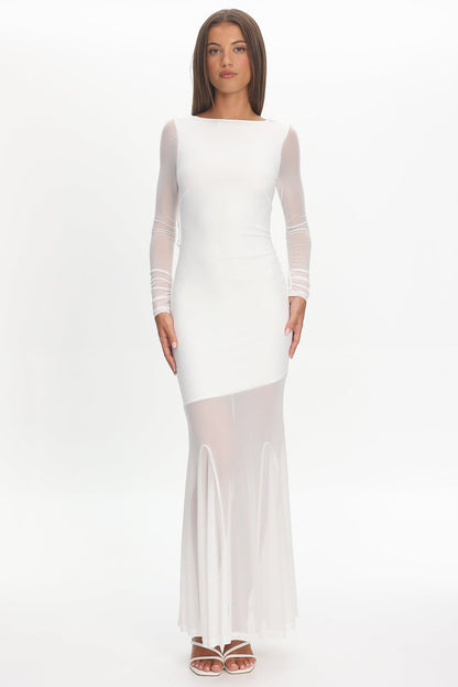 Lustre Long Sleeve Open Back Maxi Dress White