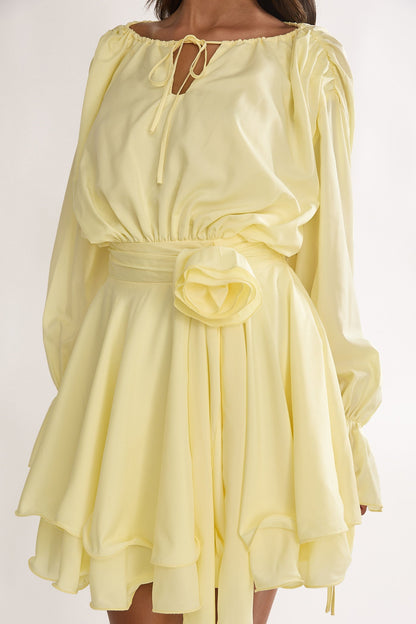 Maeva Long Balloon Sleeve Rosette Mini Dress Lemon