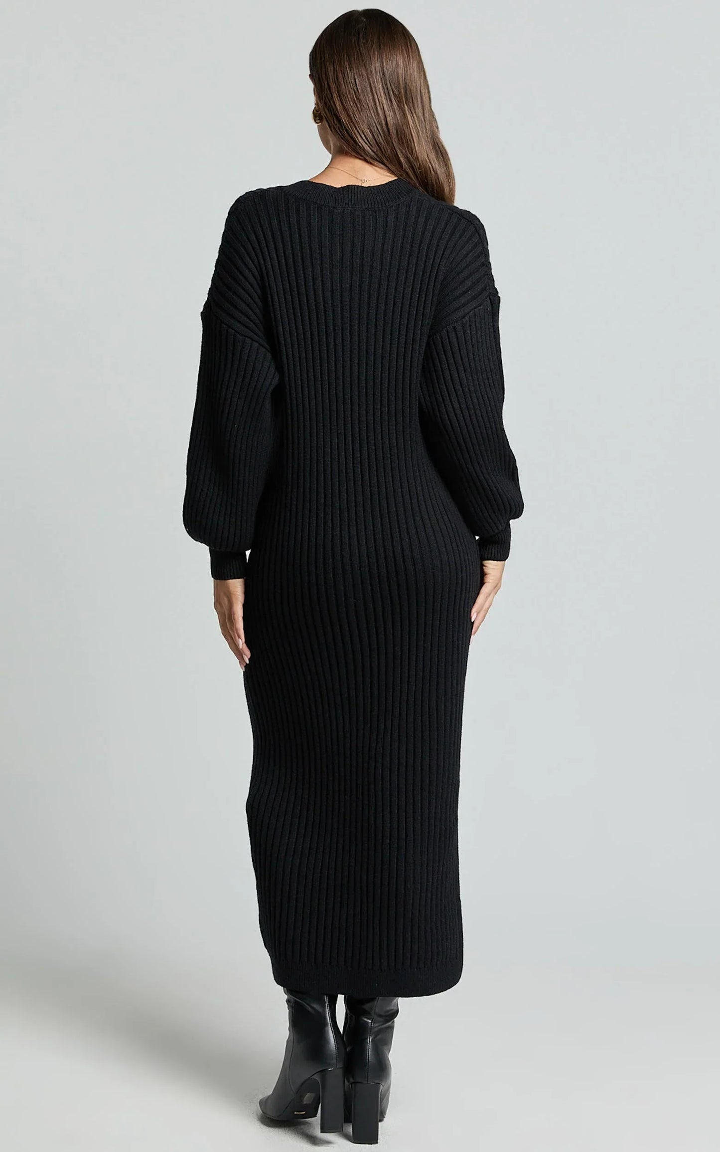 Kartia Midi Dress - V Neck Knit Dress in Black