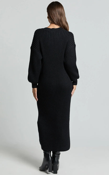 Kartia Midi Dress - V Neck Knit Dress in Black