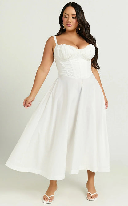 Jonas Midi Dress - Ruched Corset Lace Trim Dress in Ivory