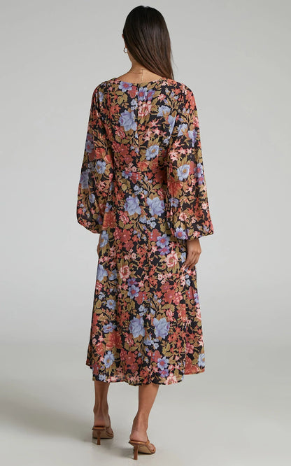 Henny Midi Dress - Long Sleeve Split Dress in Dusk Floral