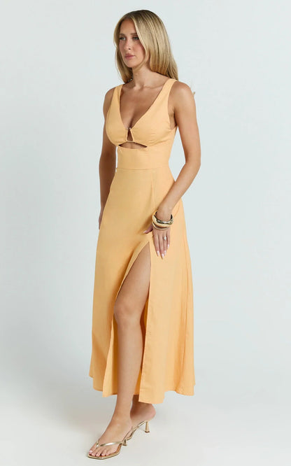 Jaycee Midi Dress - V Neck Trim Detail Fit And Flare Dress in Orange