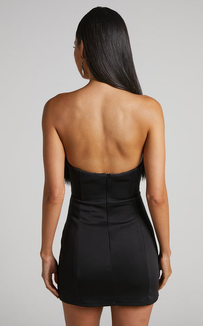 Rhaiza Mini Dress - Faux Feather Trim Strapless Dress in Black