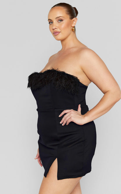 Rhaiza Mini Dress - Faux Feather Trim Strapless Dress in Black