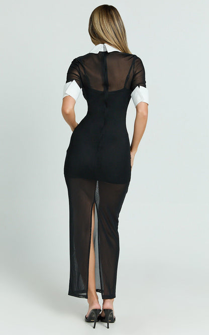 Renata Maxi Dress - Short Sleeve Contrast Collar Bodycon Dress in Black