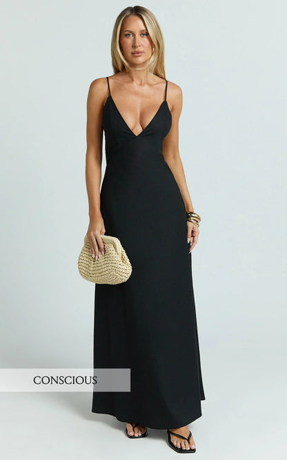 Hinata Maxi Dress - Linen Blend Slip Dress in Black