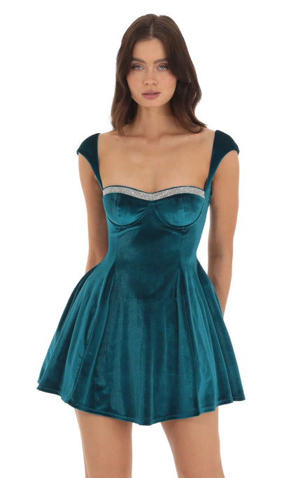 Rhinestone Velvet Puff Dress in Blue