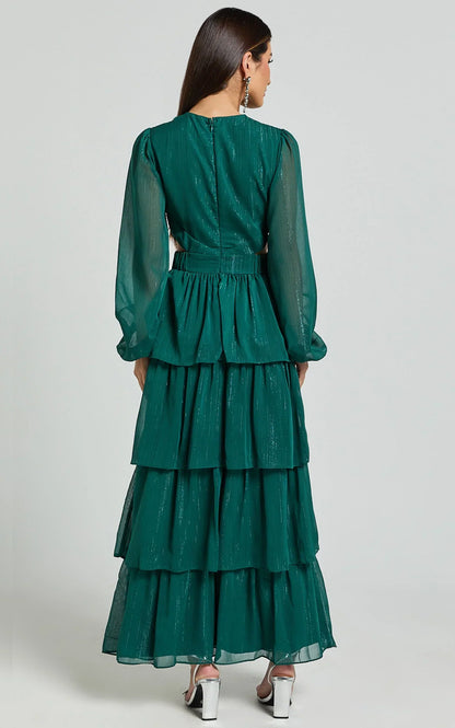 Jacinda Maxi Dress - Cut Out Long Sleeve Thigh Split Tiered Dress in Emerald