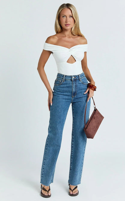 Helen Bodysuit - Twist Off Shoulder Cut Out Bodysuit in White