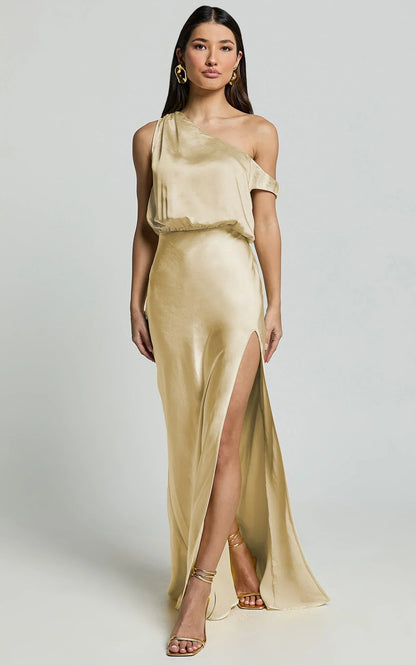 Jensen Midi Dress - Off Shoulder High Split Bias Slip Dress in Lemon