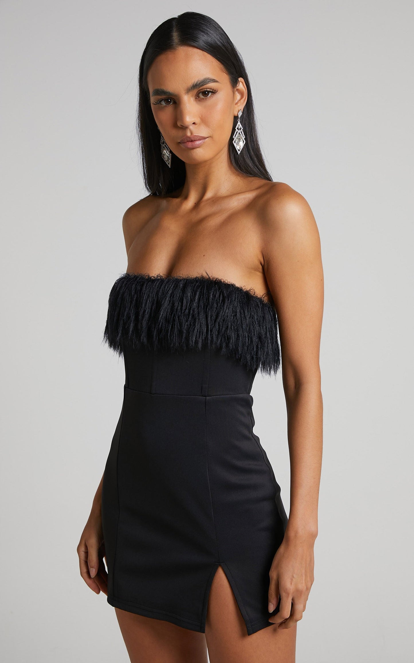 Rhaiza Mini Dress - Faux Feather Trim Strapless Dress in Black