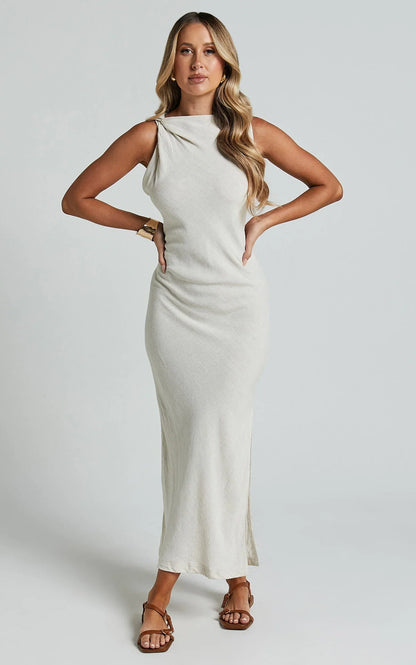Jessenia Midi Dress - Linen High Neck Dress in Natural