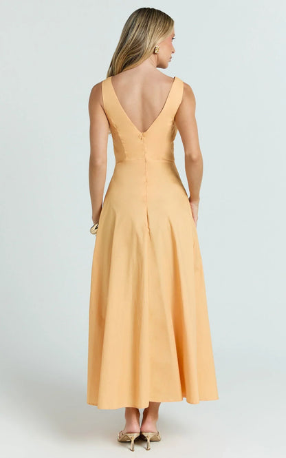 Jaycee Midi Dress - V Neck Trim Detail Fit And Flare Dress in Orange