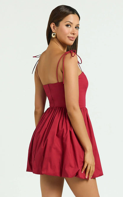 Kimberly Mini Dress - Square Neck Bubble Hem Dress in Red