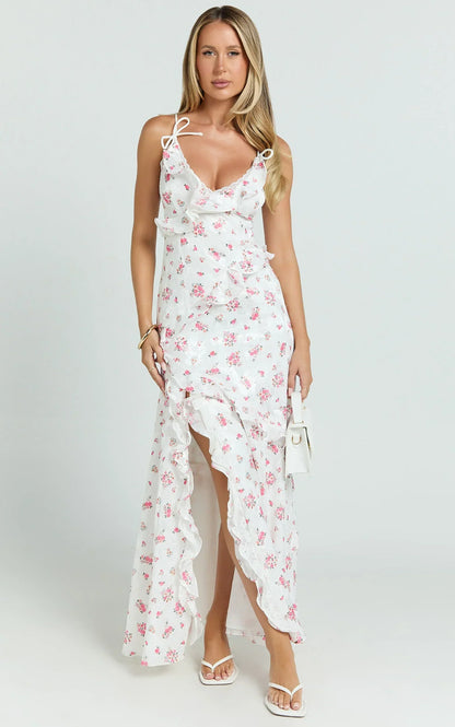 Justine Maxi Dress - Jacquard V Neck Ruffle Tiered  Dress in Romantic Ditsy Print