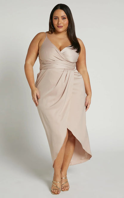How Will I Know Midi Dress - Wrap Waist Tie Tulip Hem Dress in Champagne
