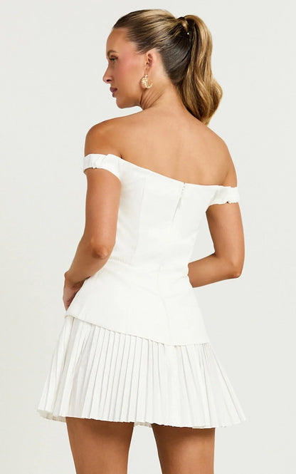 Izara Mini Dress - Off Shoulder Pleated Dress in Off White