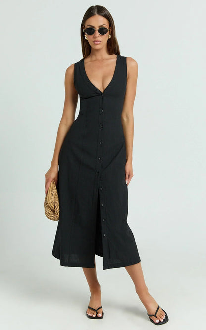 Juliet Midi Dress - Button Through V Neck Dress in Black