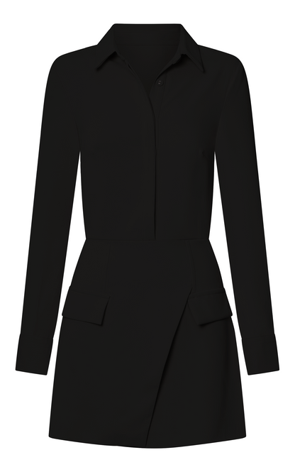 Wanda Mini Dress - Long Sleeve Faux Wrap Dress in Black