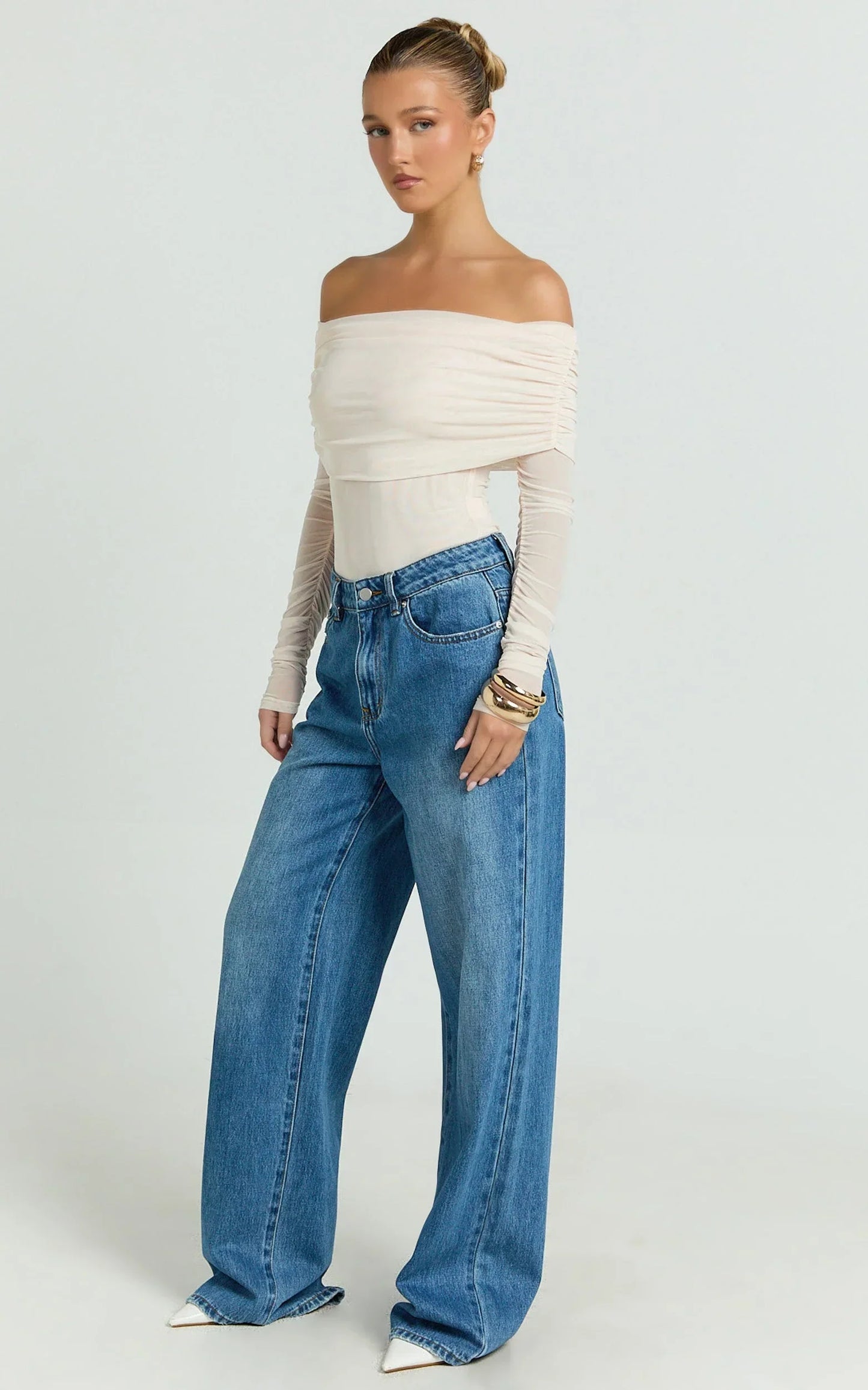 Jaythen Bodysuit - Long Sleeve Off Shoulder Ruched Mesh Bodysuit in Cream