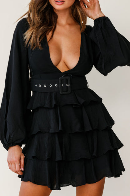 Queensland Balloon Sleeve Tiered Frill Belt Dress Black