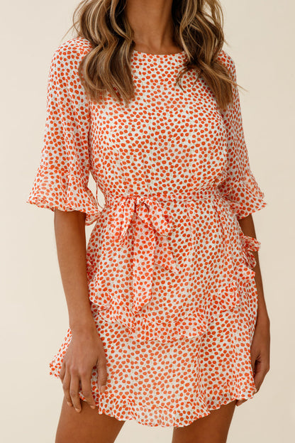 Wife Me Crew Neck Ruffle Insert Dress Polka Dot Orange