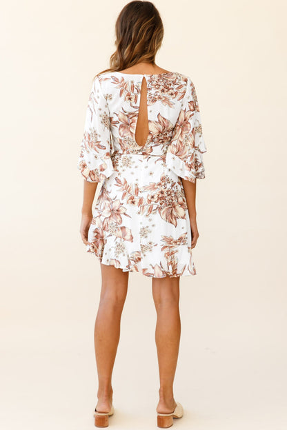 Make It Happen Flared Sleeve Ruffle Trim Dress Tropical Print White