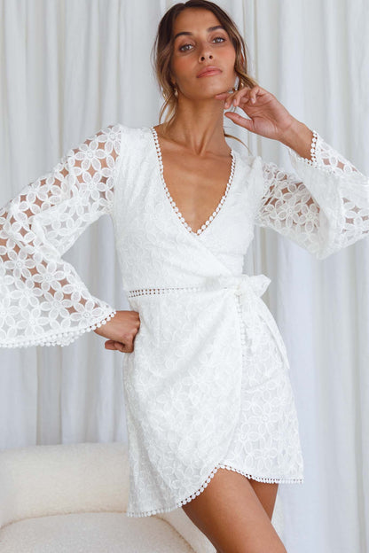 Santa Cruz Bell Sleeve Embroidered Wrap Mini Dress White