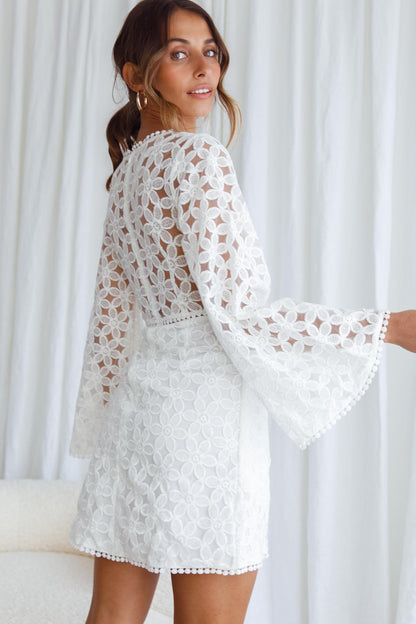 Santa Cruz Bell Sleeve Embroidered Wrap Mini Dress White