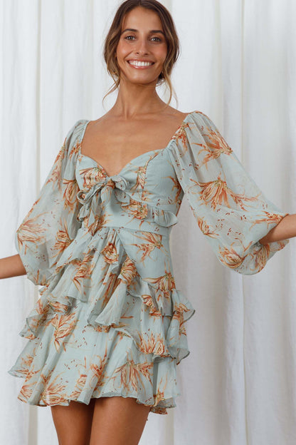 Flower Child Three Quarter Sleeve Bust Tie Ruffle Dress Lily Print Pistachio